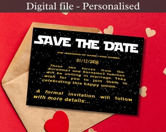 Star Wars Crawl Save the Date, Personalised- , 6x4inch, Landscape, Wedding, Geek, Nerd, Space, Sci-fi, Alternative, Fun, Postcard, Digital,