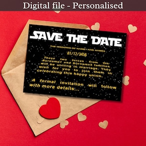 Star Wars Crawl, réservez vos dates, personnalisé - 15 x 10 cm, paysage, mariage, geek, intello, espace, science-fiction, alternatif, amusant, carte postale, numérique,