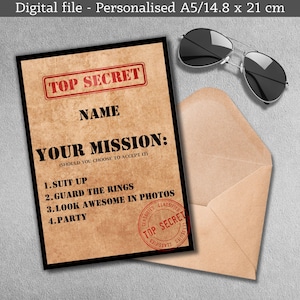 Personalizado Top Secret Você será nosso - Portador de Alianças, Pajem, Casamento, Convite, Segurança de Alianças, Sua Missão, A5, Retrato, Digital, Personalizado