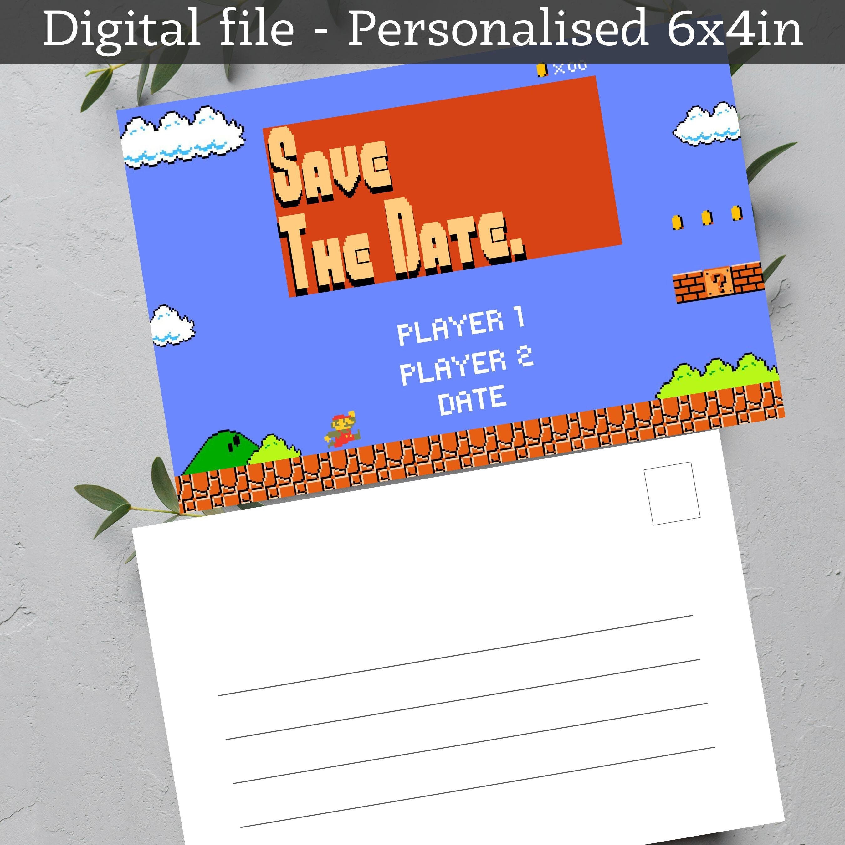 Save the Date, Personalised - 6x4inch, Landscape, Gamer, Pixels, Gaming, Wedding, Geek, Retro, Alternative, Postcard, Digital, Mario Theme