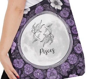 Pisces Birth Month Flowers Full Moon Cottagecore Boho Style Canvas Tote Bag