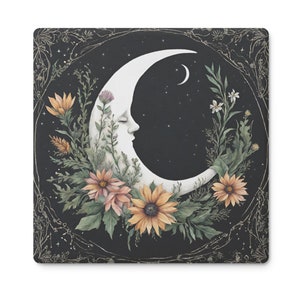 Cottagecore Soapstone Coaster: Witchy Moon & Wildflower Design image 1