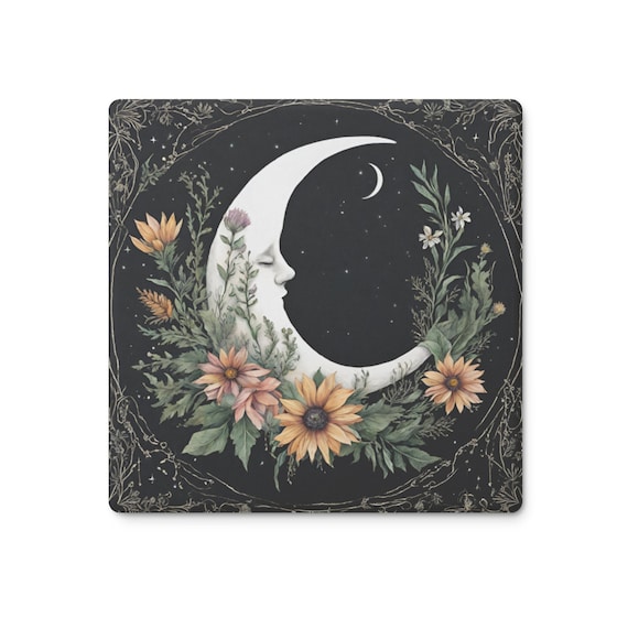 Cottagecore Soapstone Coaster: Witchy Moon & Wildflower Design