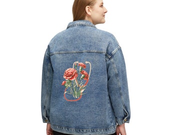 Floral Stethoscope Women's Oversized Jean Jacket, Flower Carnation Denim Button Up, Gift for Doctor or Nurse Daughter Present