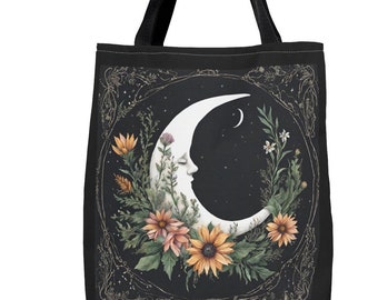 Crescent Moon & Wildflower Tote Bag: Cottagecore Witchy Style