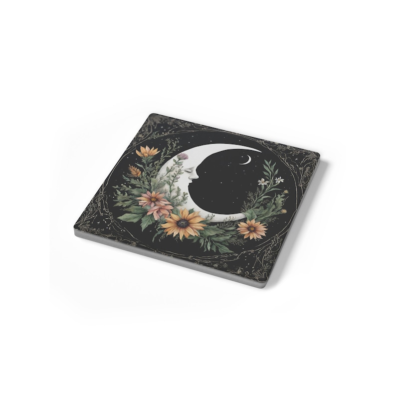Cottagecore Soapstone Coaster: Witchy Moon & Wildflower Design image 2