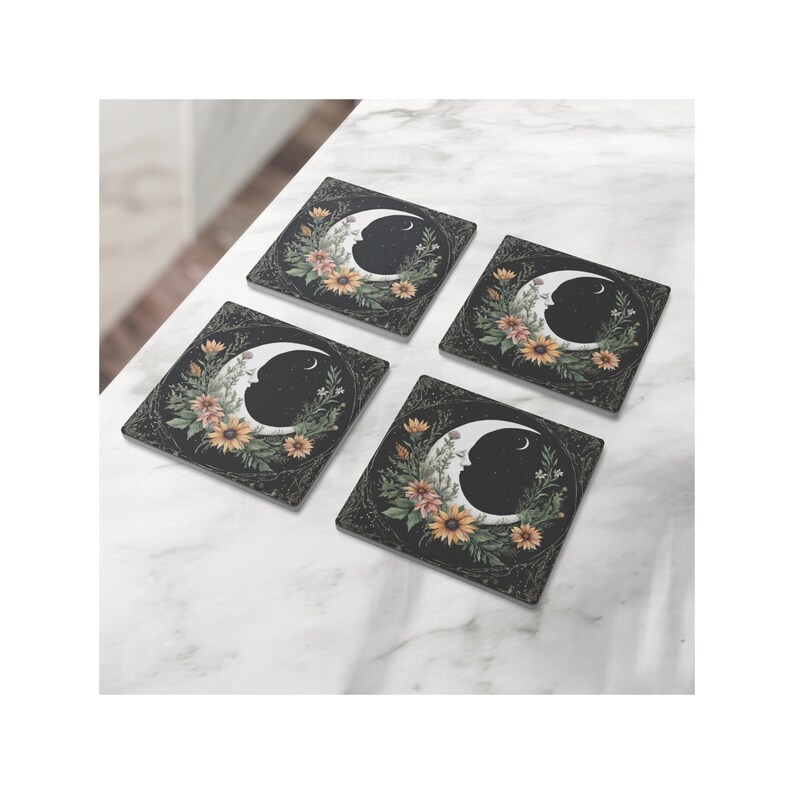 Cottagecore Soapstone Coaster: Witchy Moon & Wildflower Design image 4