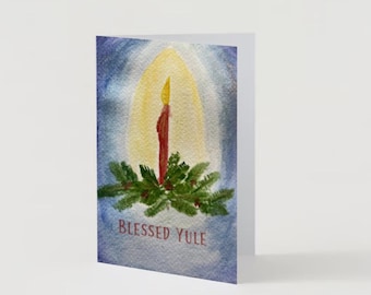 Watercolor Yule Card: Handpainted Candle, Pine Branches (Digital Download)