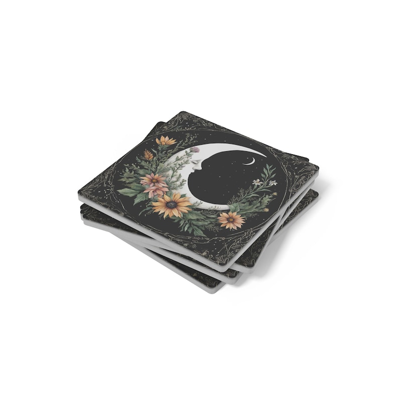 Cottagecore Soapstone Coaster: Witchy Moon & Wildflower Design image 3