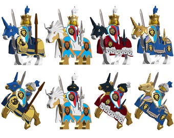 Medieval Custom 8pcs King and Guardian Knight Building Block Minifigures with their War Horse Mounts in Robes