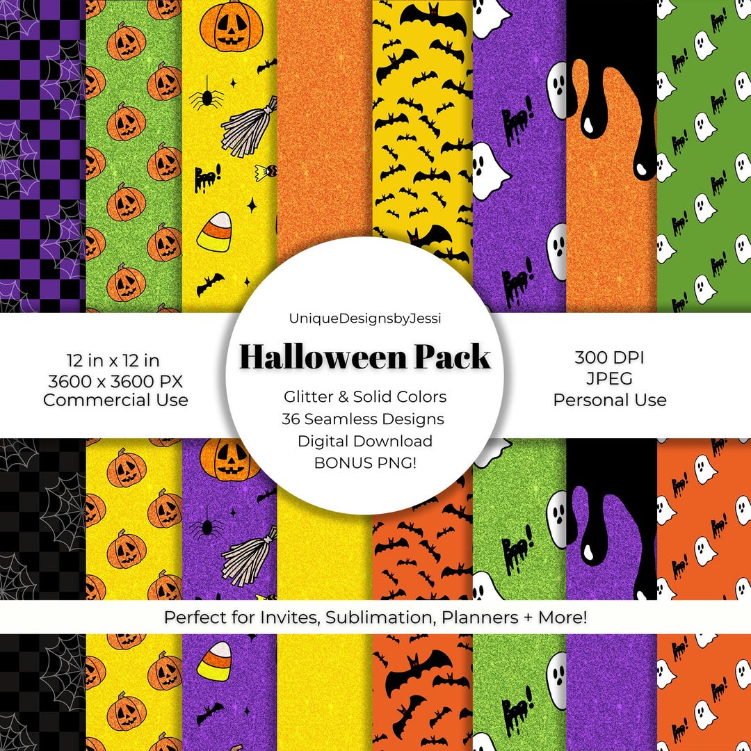 Halloween Digital Paper Pack: Glitter & Seamless Patterns (JPEG, PNG ...