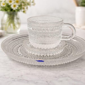 Vintage Nuutajärvi Kastehelmi Coffee Cup Saucer Plate Set, Oiva Toikka, Finnish Glass, Scandinavian Mid Century, Dewdrop Glassware