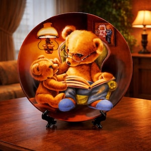 Puede incluir: Plato decorativo con una conmovedora escena de dos osos de peluche. Uno, con gafas, lee un libro a otro. El plato tiene una paleta de colores cálidos con una lámpara y una imagen enmarcada en el fondo.