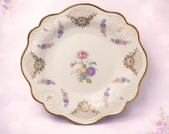 Piatto decorativo vintage Bareuther Bavaria con decorazioni floreali, bordo dorato in porcellana, bordo smerlato, stile tedesco di metà secolo.