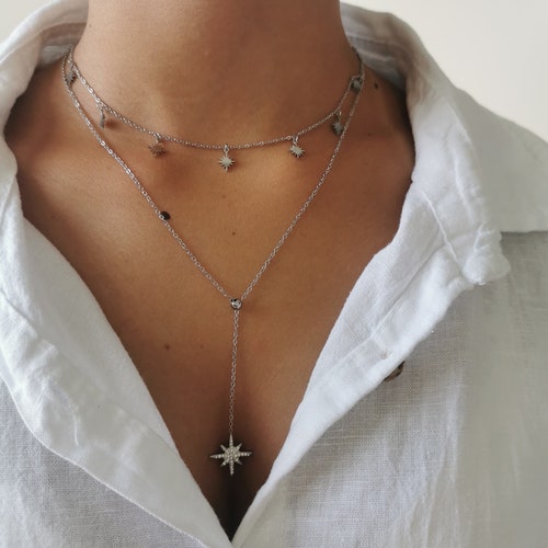 Lange Doppelkette aus silbernem Edelstahl • Y-Halskette • Geschenkidee für Damen • Weihnachtsgeschenkidee