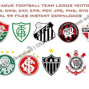 Puede incluir: Una colección de 12 logotipos de equipos de fútbol brasileños, incluyendo Palmeiras, São Paulo, Flamengo y Corinthians. Los logotipos son de varios colores, incluyendo rojo, verde, negro y blanco. Los logotipos están dispuestos en una cuadrícula sobre un fondo blanco. El texto "BRAZIL LEAGUE FOOTBALL TEAM LOGOS VECTORS" está en la parte superior de la imagen. El texto "TOTAL 99 FILES INSTANT DOWNLOADS" está debajo de los logotipos.