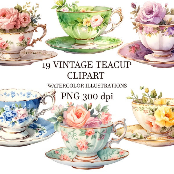 Vintage Teacup clipart, Antic Teacup Watercolor, Tea Time PNG.