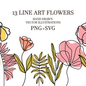 Line art Flowers Bundle, 13 Colorful Variations for Your Creative Designs. Hand Drawn Line art Flowers SVG, Floral clipart, cut file.