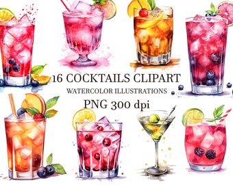 16 Cocktail Clipart, Watercolor Cocktail Clipart Set, Alcoholic Drinks Clipart, Alcoholic Illustrations.