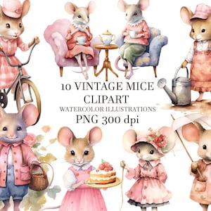 Vintage Watercolor Mice Clipart,Adorable  illustrations to add charm and nostalgia to your crafts and designs. mice PNG, Cute animal PNG.