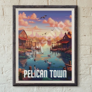 Stardew Valley Travel Poster | Pelican Town Retro Art Print | Fan Art Digital Painting | Stardew Valley Inspired Gift