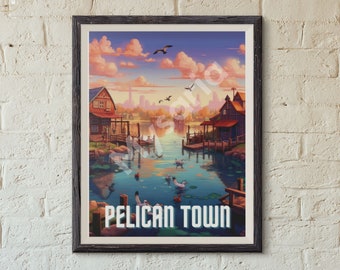 Poster di viaggio di Stardew Valley / Stampa artistica retrò di Pelican Town / Pittura digitale Fan Art / Regalo ispirato a Stardew Valley