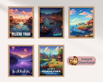 Stardew Valley Reise Poster | 5er Set Digital Download Kunstdrucke | Stardew Valley inspiriertes druckbares Geschenk | Pelican Town Event Poster