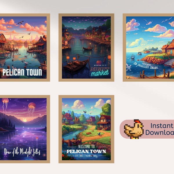 Stardew Valley Travel Poster | Set of 5 Digital Download Art Prints | Stardew Valley Inspired Printable Gift | Pelican Town Event Poster