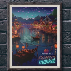 Stardew Valley Travel Poster, Night Market Retro Art Print, Fan Art Digital Painting, Stardew Valley Inspired Gift for Birthday, Christmas
