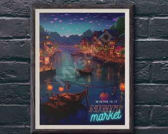 Póster de viaje de Stardew Valley, impresión artística retro de mercado nocturno, pintura digital de fan art, regalo inspirado en Stardew Valley para cumpleaños y Navidad.