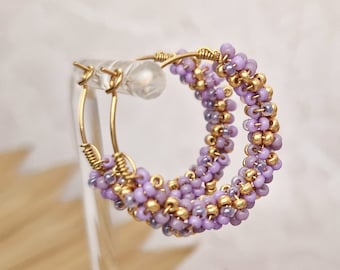 Purple beaded hoop earrings, pastel earrings, small round bead earrings, Miyuki beads, small beads, purple and gold