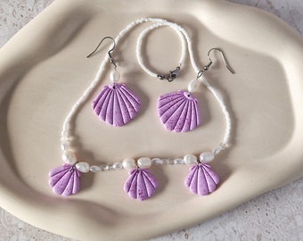 Concha en color morado, conjunto de joyas Barbiecore, collar y pendientes, oro o plata, morado pastel