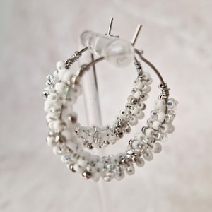 Handmade Miyuki beaded hoop earrings in white, silver, and iridescent, simple beaded earrings, minimalist jewelry, silver wine glass
