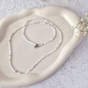 Delicate pearl necklace with small Miyuki beads, silver chain, customizable length