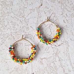 Colorful pearl hoop earrings, glass bead earrings, colorful jewelry