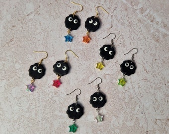 Soot Sprite Earrings, Susuwatari, Anime earrings with colourful stars, Kawaii jewelry