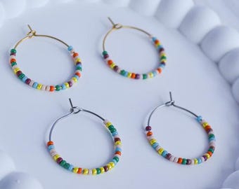 Hoop earrings with glass beads, colorful pearl hoop earrings, colorful hippie earrings
