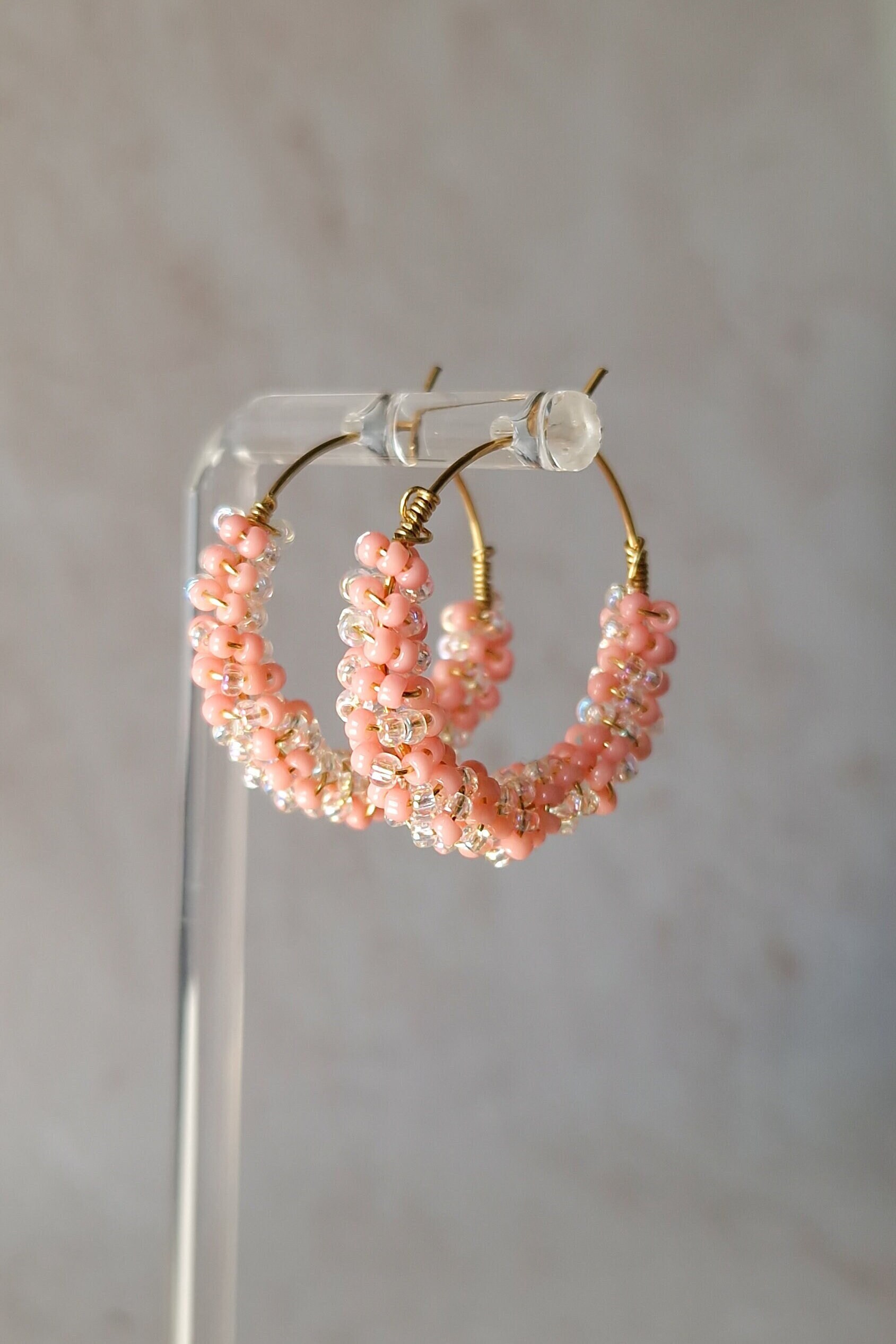 Pink glass bead earrings, colorful hoop earrings, Miyuki beads, seed beads, wire earrings, Barbiecore hoop earrings