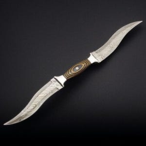 Double Blade Hunting Knife - Custom Handmade Damascus Steel With Leather Sheath.
