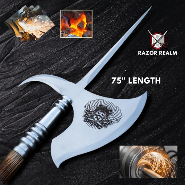 Hacha vikinga Alabarda medieval 75" Hacha de leviatán hecha a mano Alabarda de decoración vikinga, Hacha doble, Hacha de alabarda grabada, Regalos de Navidad vikingos para hombres