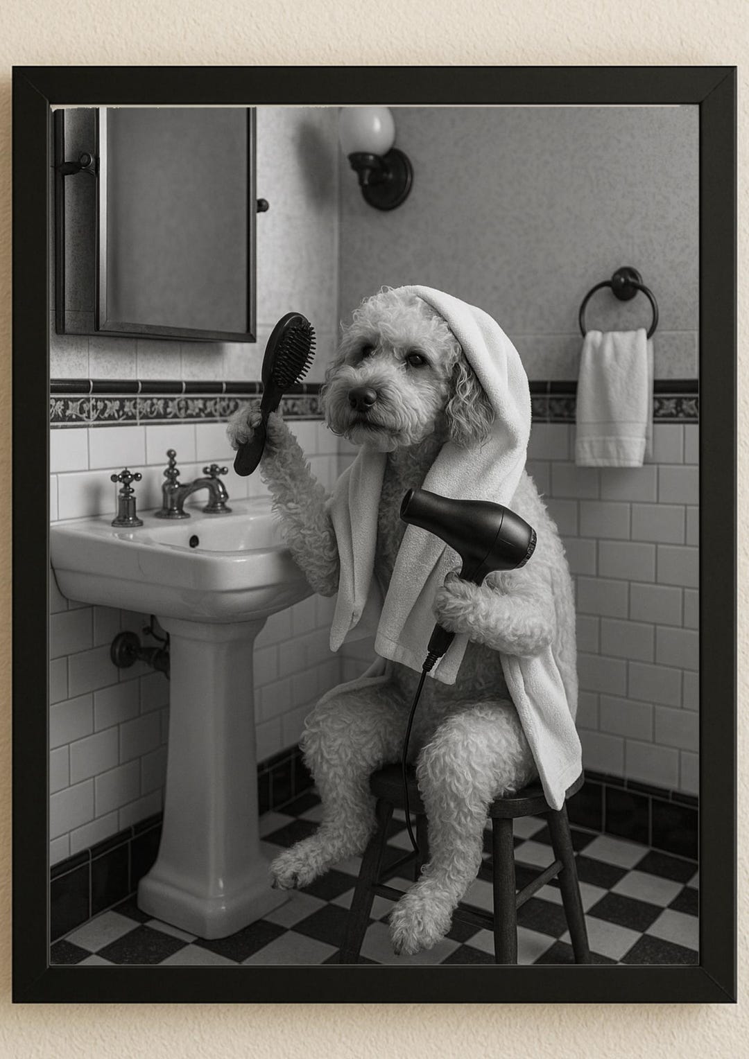 Funny Cockapoo Dog Wall Art Print – Cute Dog on Using Hair Dryer A4 ...