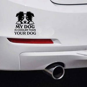 May include: Black and white sticker featuring a Border Collie dog graphic. The text "MY DOG IS COOLER THAN YOUR DOG" is below the dog image. The sticker is applied to a white car bumper.