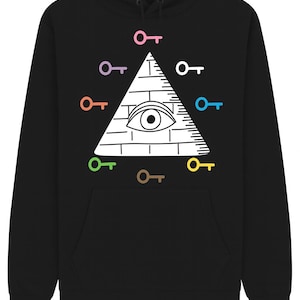 Op de afbeelding: Zwarte hoodie met een wit piramide- en oogontwerp, omringd door kleurrijke sleutels. De afbeelding staat op de borst, met een kangoeroezak eronder. De hoodie is gemaakt van een zacht, comfortabel materiaal.