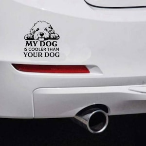 Può includere: Adesivo per auto in bianco e nero con l'illustrazione di un cane e la scritta "MY DOG IS COOLER THAN YOUR DOG". L'adesivo è su un paraurti bianco, con un catarifrangente rosso.