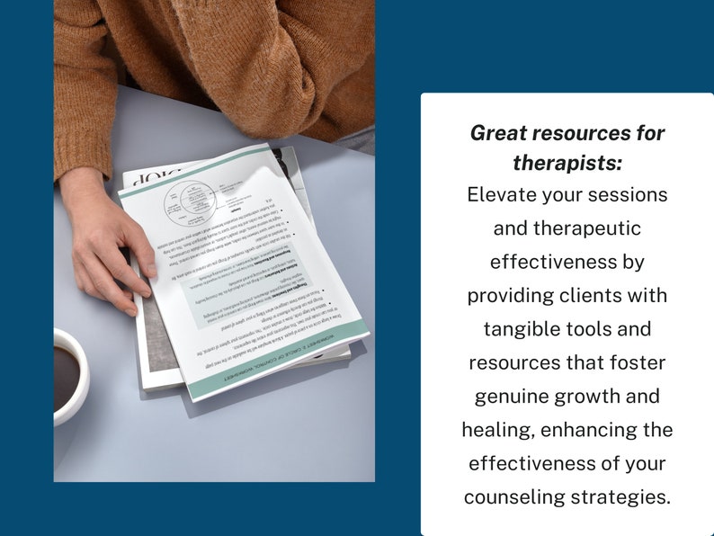 K&ouml;nnte beinhalten: Eine Person liest ein Dokument mit dem Text "Great resources for therapists: Elevate your sessions and therapeutic effectiveness by providing clients with tangible tools and resources that foster genuine growth and healing, enhancing the effectiveness of your counseling strategies."