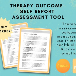 May include: A digital tablet displaying a self-report assessment tool for panic disorder. The tool includes a section on types of panic attacks, with descriptions of unexpected, situationally bound, situationally predisposed, and panic attacks. The text on the tablet reads "Therapy Outcome Self-Report Assessment Tool" and "Panic Disorder". The image also includes text that reads "Therapy assessment outcome measures for use in mental health clinics & private practice".