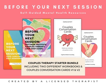 May include: A digital download bundle for couples therapy, featuring two workbooks and conversation cards. The bundle includes a love map guide, a love language self-assessment, and conversation cards with a heart and hands design. The text on the cover reads "Couples Therapy Starter Bundle: Including Two Different Workbooks & Couples Conversation Cards V1 & V2".