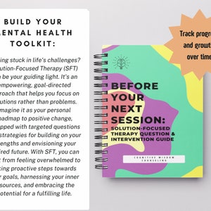 Puede incluir: Un cuaderno colorido con el t&iacute;tulo "Antes de tu pr&oacute;xima sesi&oacute;n: Preguntas de terapia centrada en la soluci&oacute;n y gu&iacute;a de intervenci&oacute;n" y el texto "Asesoramiento de sabidur&iacute;a cognitiva". El cuaderno tiene una encuadernaci&oacute;n en espiral y est&aacute; sobre una superficie gris con un bol&iacute;grafo azul y un l&aacute;piz blanco.