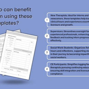 May include: A graphic with the text "Who can benefit from using these templates?" and four numbered points describing the benefits of using the templates for new therapists, supervisors, social work students, and CE participants.