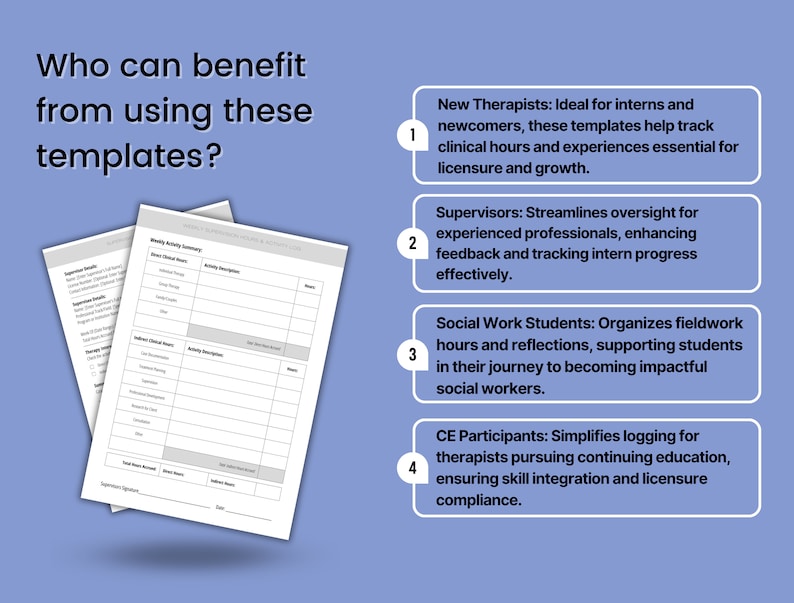 May include: A graphic with the text "Who can benefit from using these templates?" and four numbered points describing the benefits of using the templates for new therapists, supervisors, social work students, and CE participants.